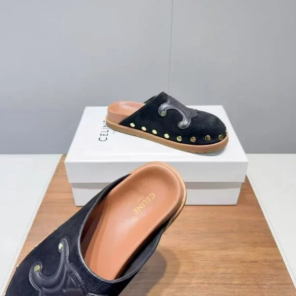 Celine Black Suede Mules with Gold Studs and Logo - Picture 6 of 6